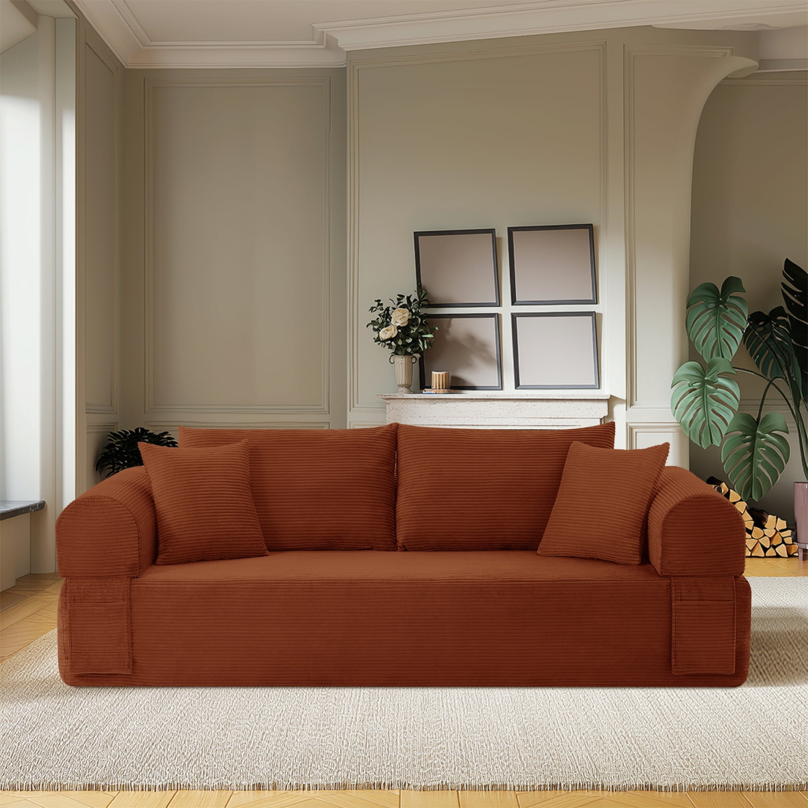 83" Seater Sofa Bed Couch with 4 Furry Pillows & Corduroy Fabric, No Assembly Sofa in a Box, Boneless Couch with Side Storage Pockets for Living Room, Bedroom, Office