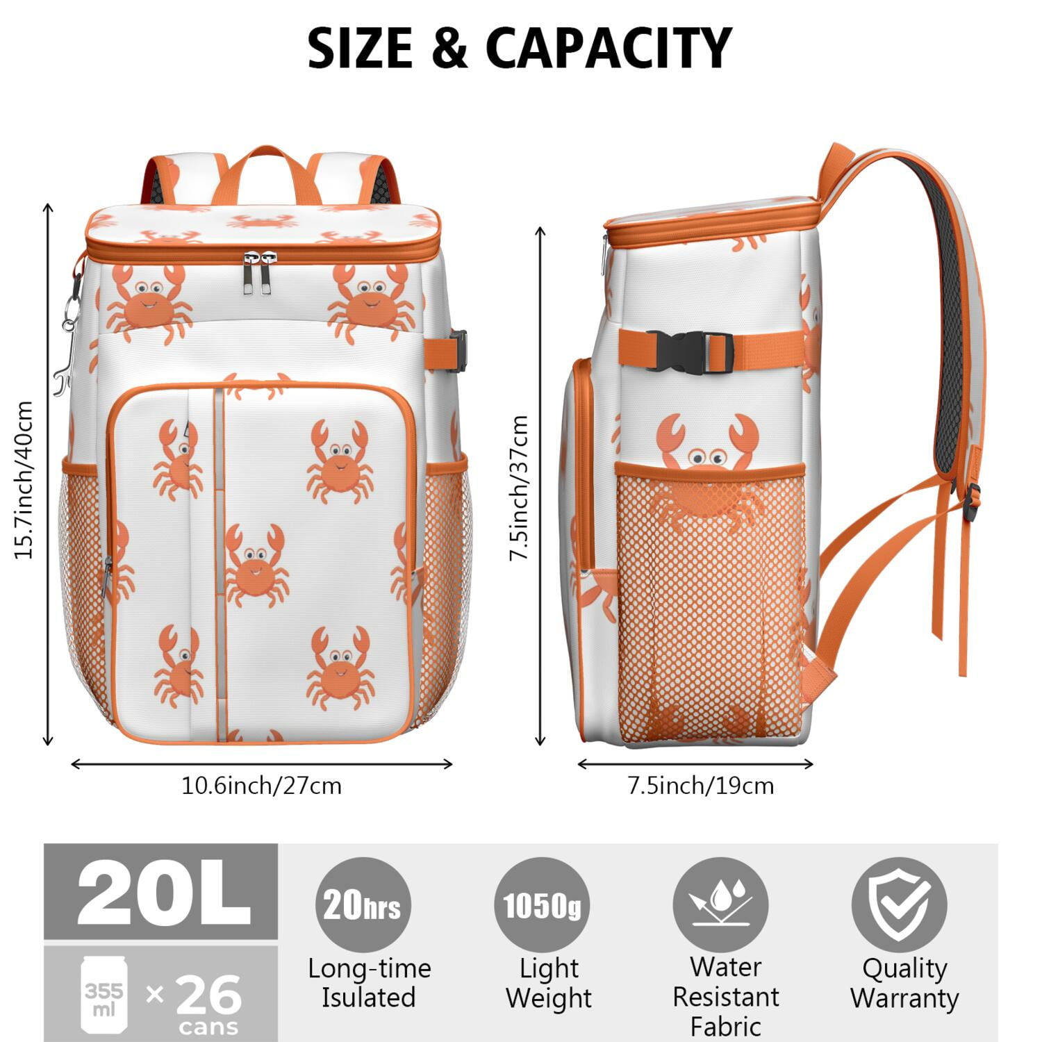 Insulated Cooler Backpack,Soft Backpack Coolers Insulated Leak Proof Travel Cooler Bag Waterproof Lunch Picnic Beach Work Trip Thermal Bag Drink Beverage Beer Bag Cooler Marine Adorable Crab