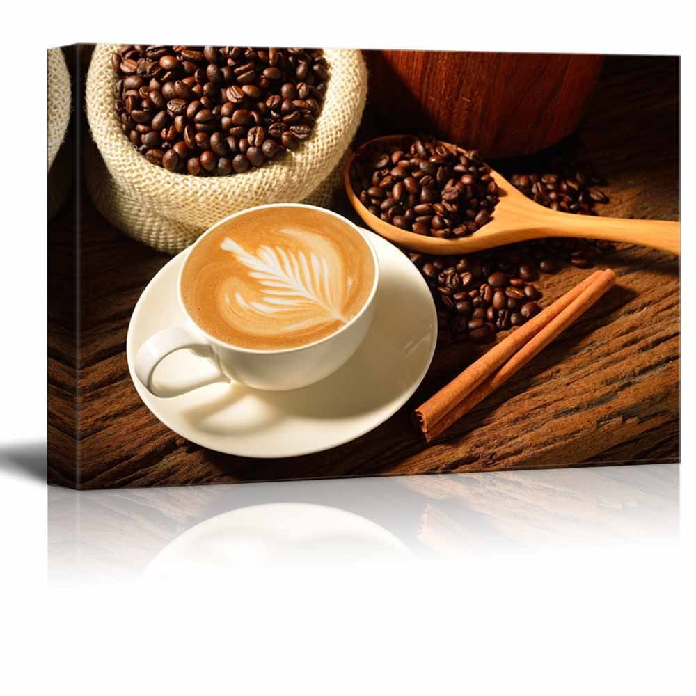 Canvas Prints Wall Art a Cup of Cafe Latte and Coffee Beans Modern
