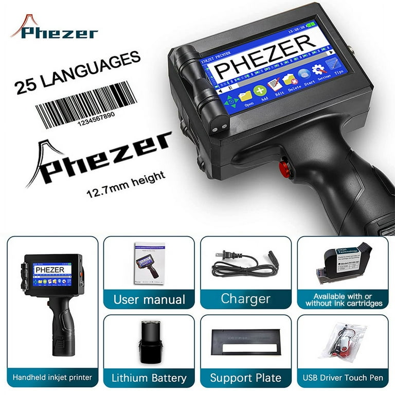 Phezer P15 Handheld Inkjet Printer, 0.5in Nozzle, QRCode Phezer P15 Handheld Inkjet Printer, 0.5in Nozzle, QRCode