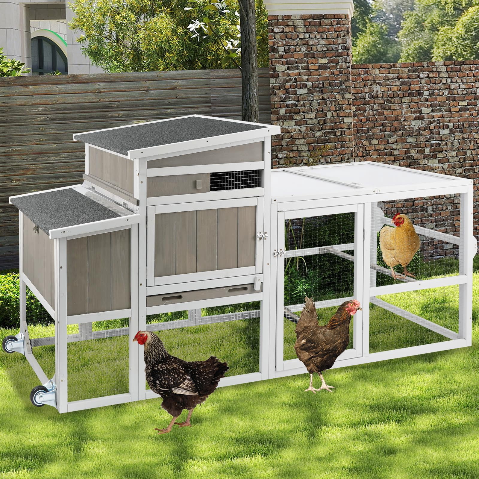 PETSCOSSET Chicken Coop Chicken House Outdoor with 3 Perches, Nesting Box and Removable Tray Hen House Rabbit Hutch Chicken Poultry Cage with Ramp Run for Garden Backyard