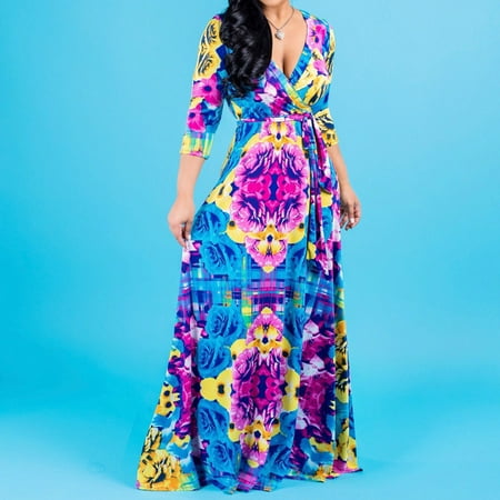 

fartey Women’s Fashion Print 3/4 Sleeve V Neck Wrap High Waist Casual Dresses Front Tie Party Swing Long Maxi Dress