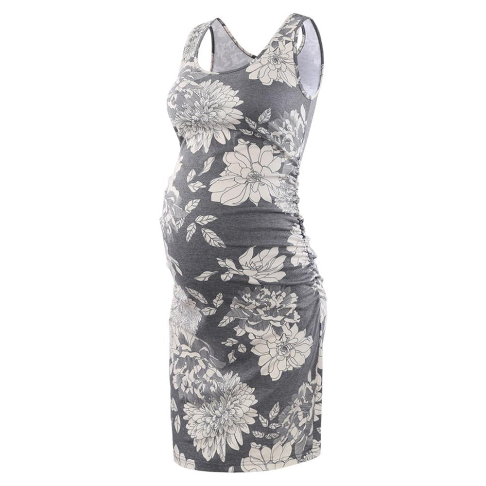 Ecavus Women's Maternity Tank Dresses Side Bodycon Dress Grey Floral M