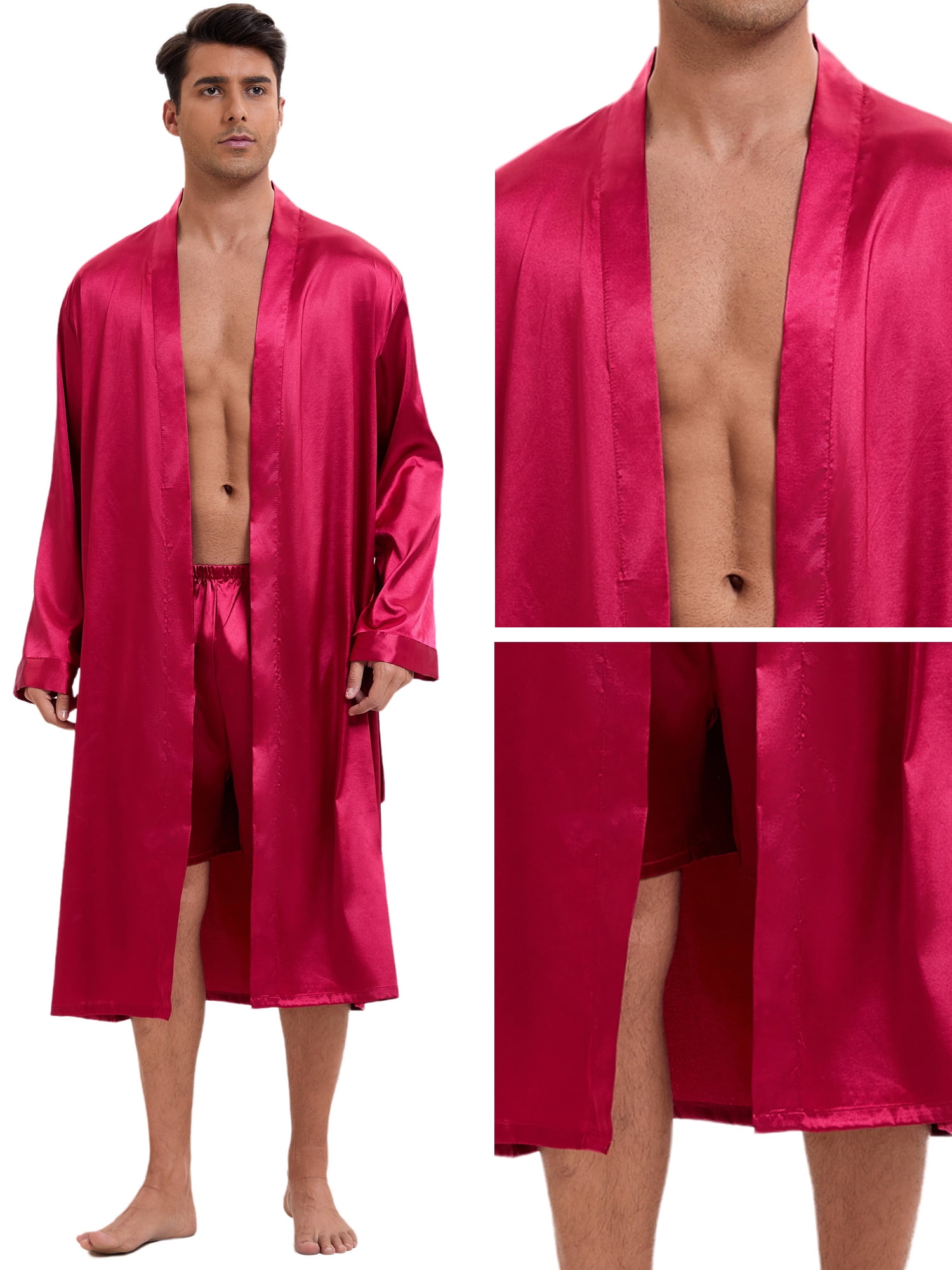 DARING DIVA Men's Long Sleeve Kimono Bathrobe Sleepwear with Shorts Set M Red