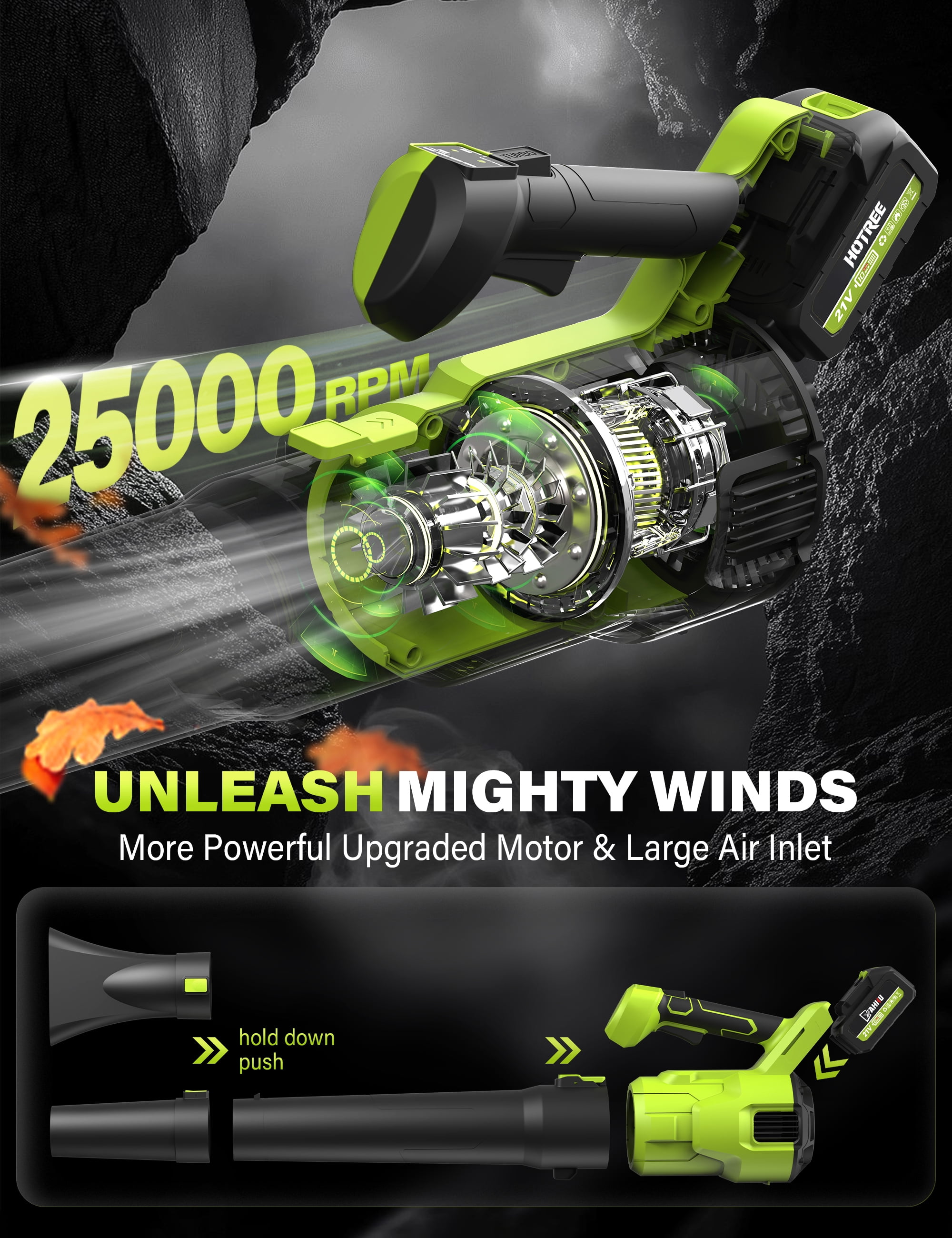 HOTREE Cordless Leaf Blower, 600 CFM, 170 MPH, 3-Speed, with 2 x 2.6Ah Batteries, for Lawn, Patio and Dust Cleaning