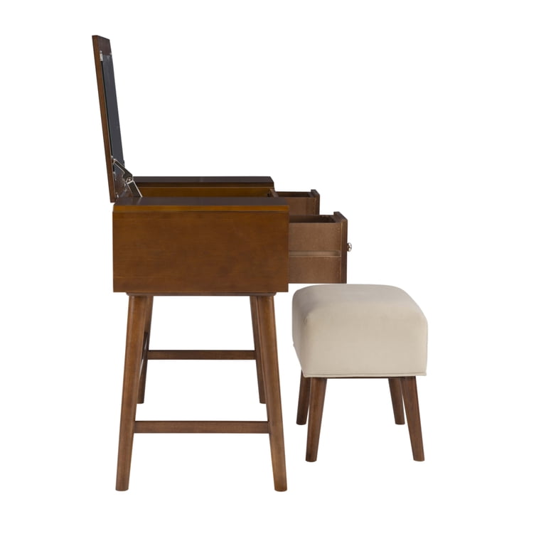 Linon Angela Walnut Vanity Set With Stool – Classic Flip-Top Mirror, 2 Drawers, Curved Legs | 30 X 36 X 18 Inches