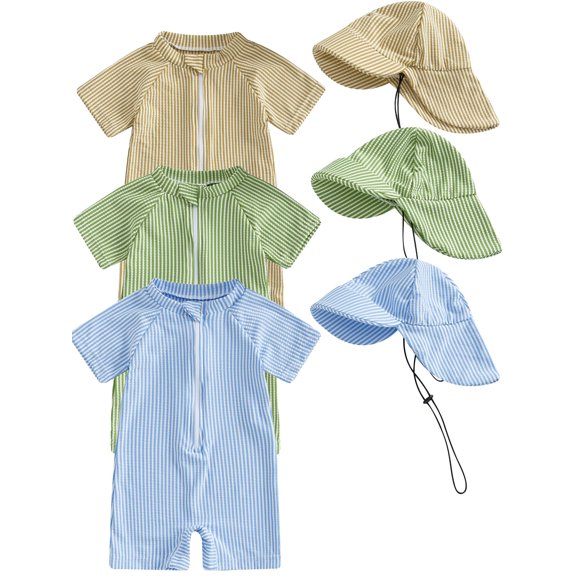 WIBACKER 0-3T Toddler Baby Boys Seersucker Short Sleeve One Piece Rash Guard Swimsuit Zipper Bathing Suit Swimwear with Hat
