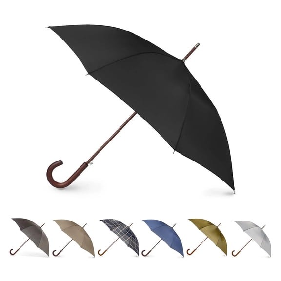 totes Auto Open Wooden Handle J Stick Umbrella, Black