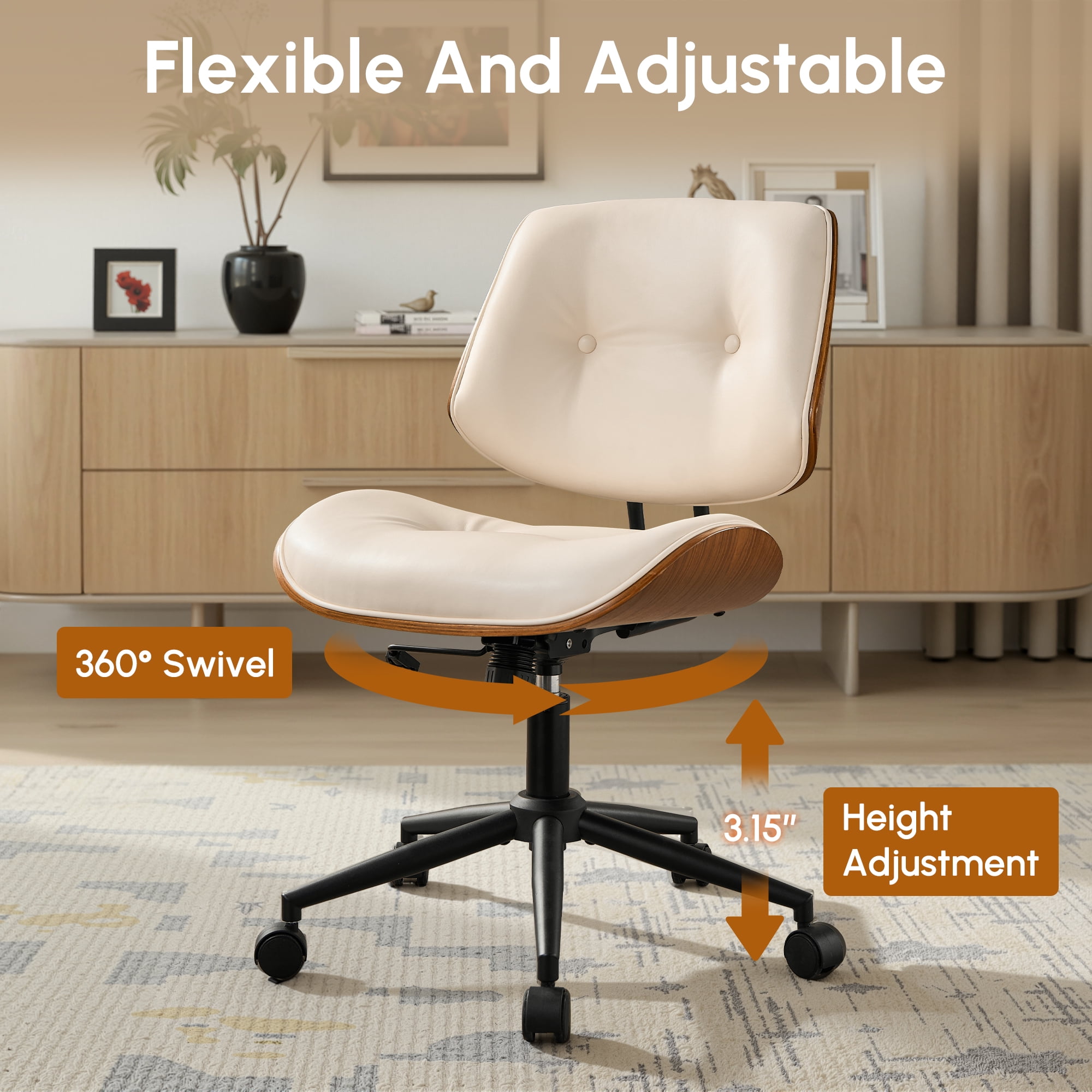 XIZZI Home Office Chair, Armless Mid-Century Ergonomic Desk Chair with 3" Thick Cushion, Premium PU Leather Mid Back 360 Swivel Computer Chair with Walnut Design, Button-Tufted White