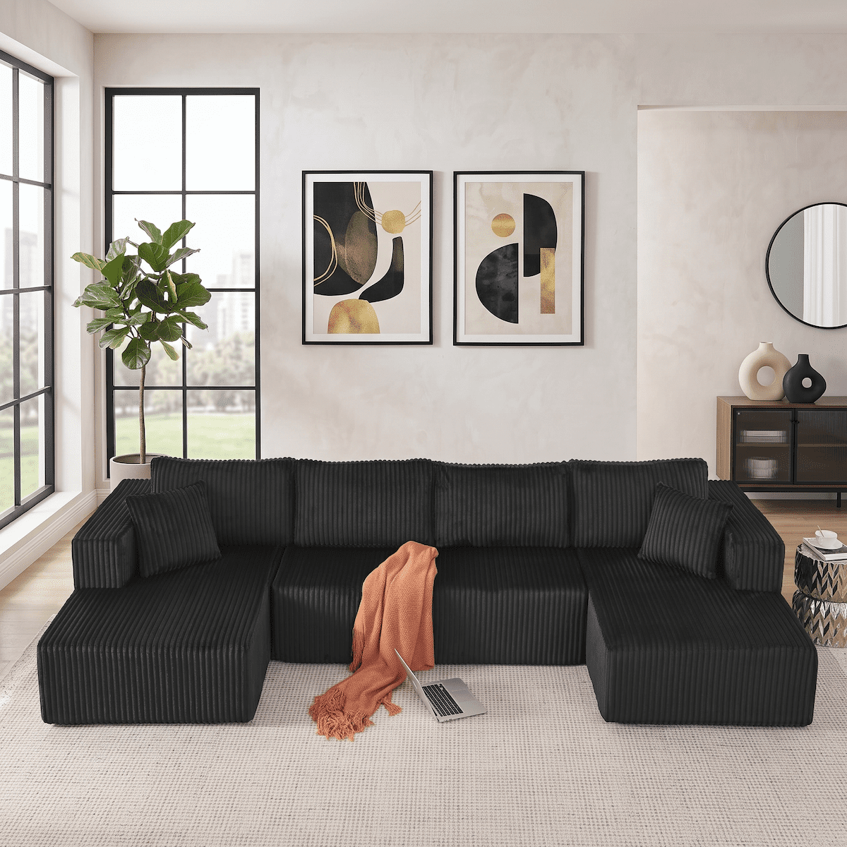 132" Cloud Couch Modular Sectional Sofa, U Shaped Sleeper Sofa Bed, Oversized Chaise, Reversible Corduroy Modular Couch for Living Room, Apartment, No Assembly (Black)
