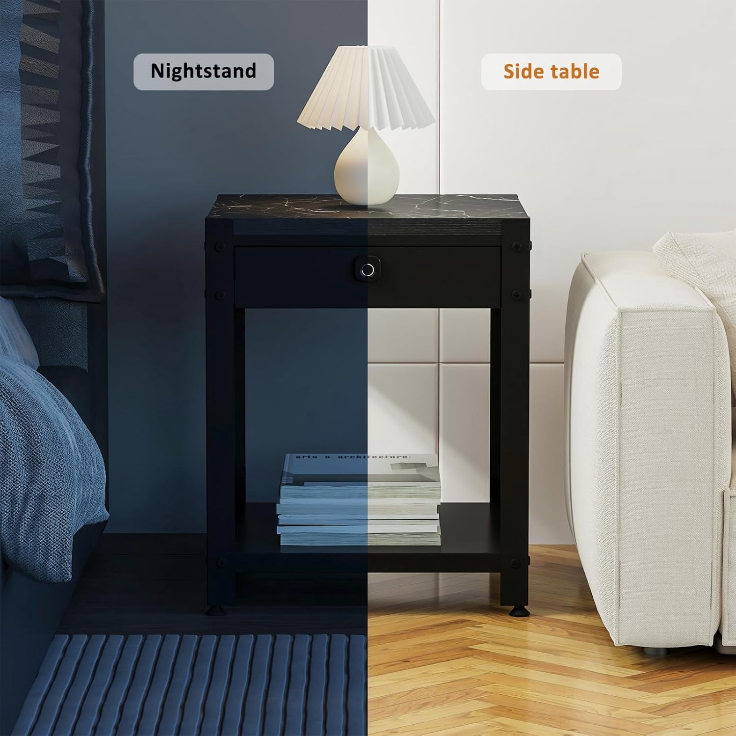 Nightstand Gun Table with Hidden Locking Compartment, Smart Fingerprint Gun End Table, Secure Storage Cabinet for Handguns and Valuables, Quick Access Small storage coffee table for Bedroom or Office