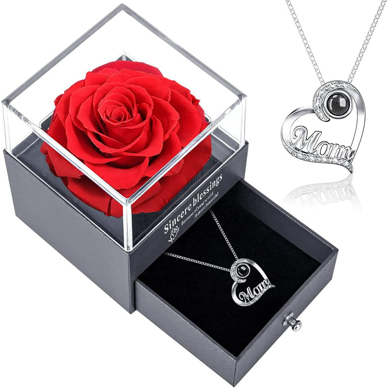 Gifts for Mom Preserved Real Rose with Necklace I Love You Mom in 100  Languages Forever Rose Mom Necklace from Daughter Son on Mother's Day  Birthday 