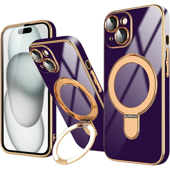 Purple for iPhone 15 Case with Magnetic Ring Holder Kickstand [Compatible with MagSafe] [Built-in Camera Lens Protector] Glitter Gold Electroplated Slim Protective Case for iPhone 15