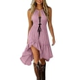thumbnail image 2 of Noric Women's Halter Neck Dresses Lace Up Front Tiered Ruffle Asymmetrical Hem Summer Bohemian A Line Dresses, 2 of 9