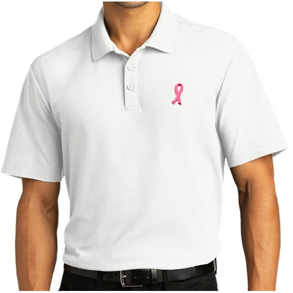 Mens Breast Cancer Awareness Ribbon Patch Short Sleeve Polo Shirt, Extra-Small White