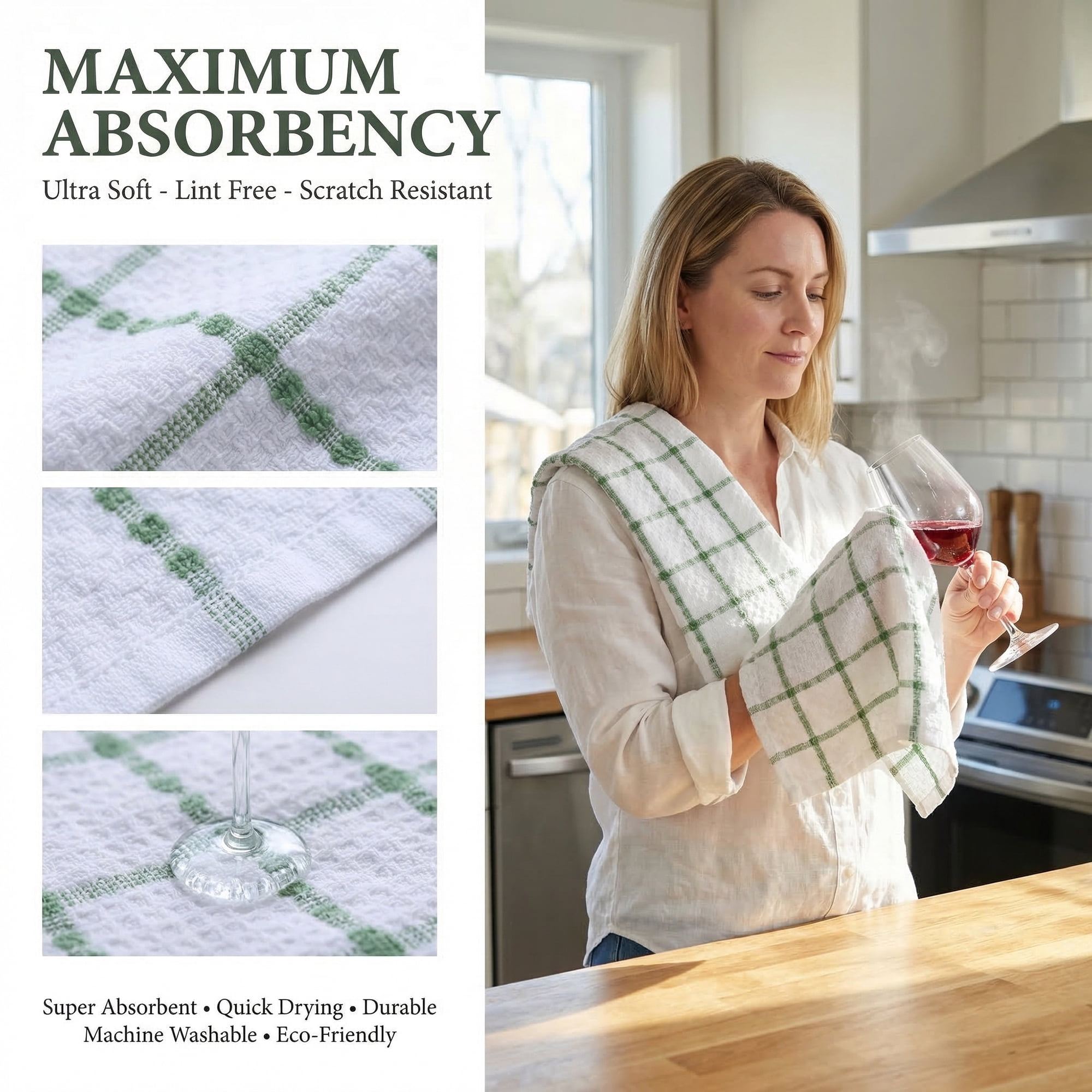 Unique Bargains 2Pcs Classic Plaid 100% Cotton Quick Dry Kitchen Towels Green 25" x 15"