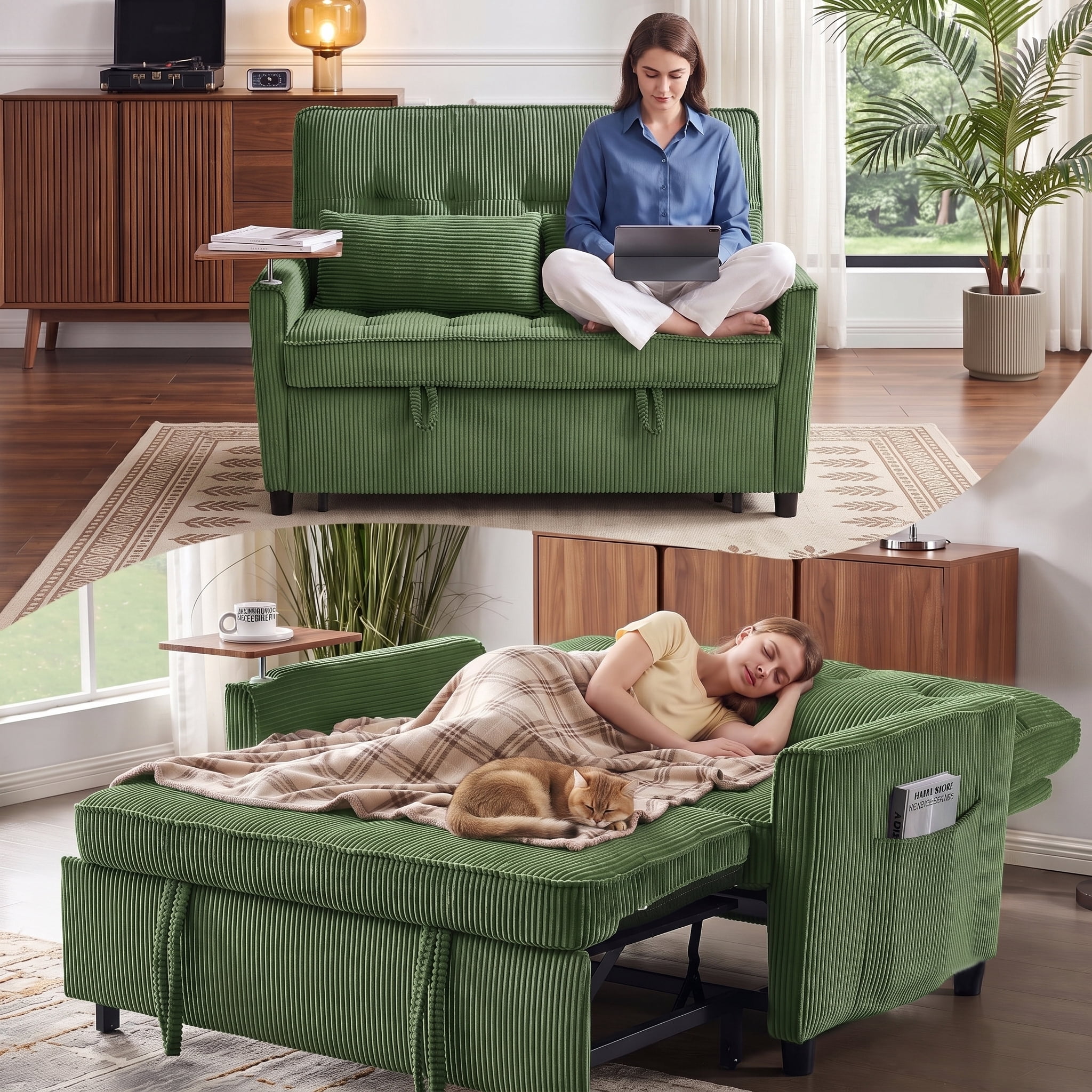 avobird 54'' 3 in 1 Pull Out Sofa Bed, Convertible Couch with Adjustable Backrest/Side Pockets/USB Charging Ports, Sleeper Sofa with small table for Living Room, Green