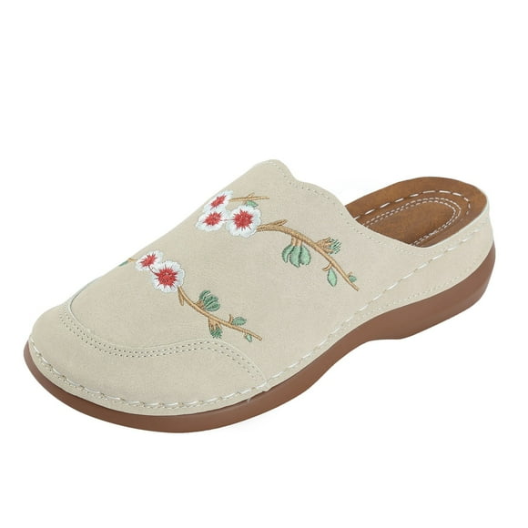 XIAQUJ Pantoufles Brodées à Bout Bao pour Femmes Grande Taille Bout Rond à Bout Bao Compensées à Porter à l'Extérieur Demi-Mules Antidérapantes Sandales pour Femmes 2024 Beige 7