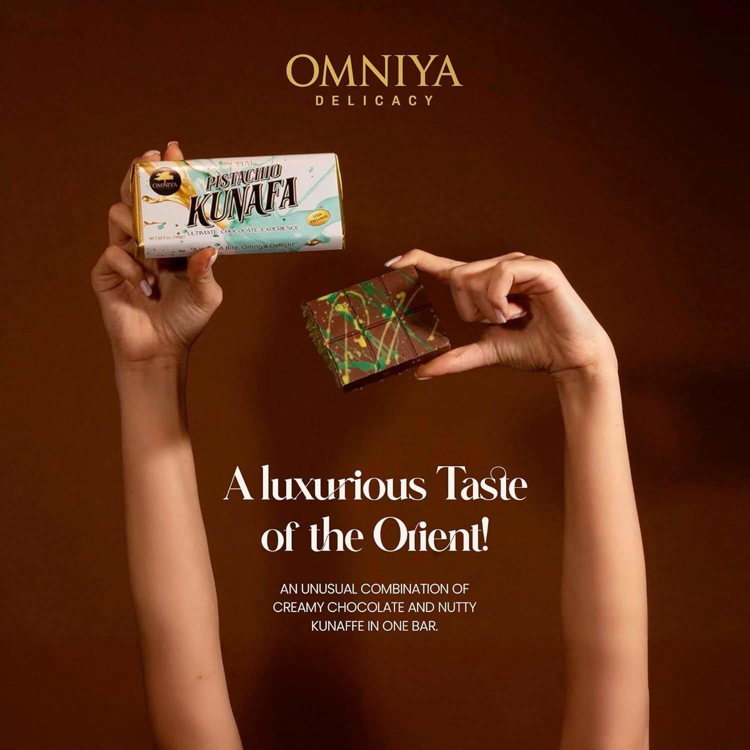 OMNIYA Delicacy Dubai Viral Kunafa Pistachio Milk Chocolate Bar, Crispy, 1 Count, 190g