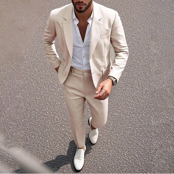 Men's 2-Piece Suit Set, Solid Color Business Dress With Pants, Formal Banquet Outfit For Spring/Summer Wedding & Office Khaki XL
