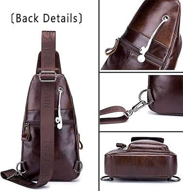 BULLCAPTAIN Genuine Leather Sling Bag for Men, Crossbody Chest Backpack with Adjustable Strap, Zipper Closure. , Coffee Brown