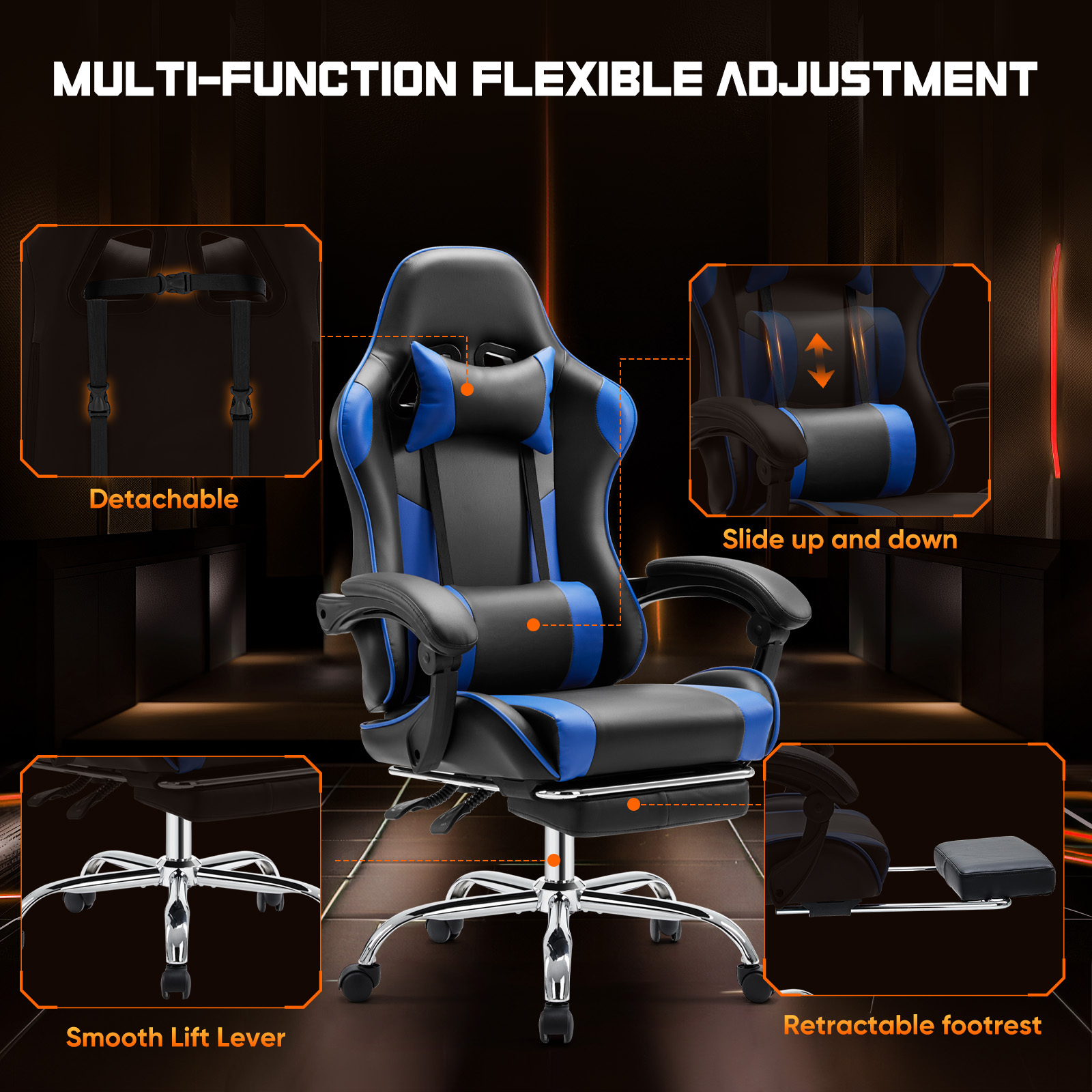 Easy4Home Gaming Chair with Sofa Spring Cushion, Ergonomic Office Chair with Lumbar Support and Footrest, High Back Computer Game Chair for Adults, Black&Blue