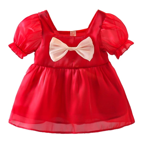 Vestido de Niña Nikou Rojo Manga Corta Lazo 80 cm