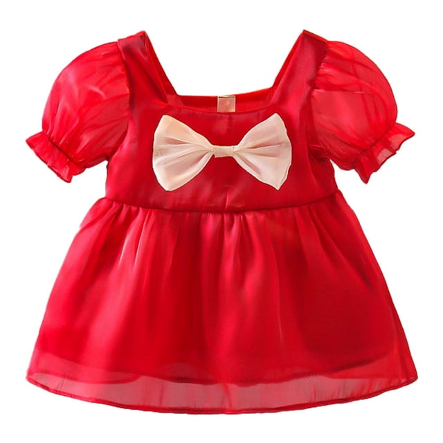 Vestido de niña de moda rojo de manga corta con lazo, vestido de princesa para cumpleaños, fiesta de bodas, 90 cm