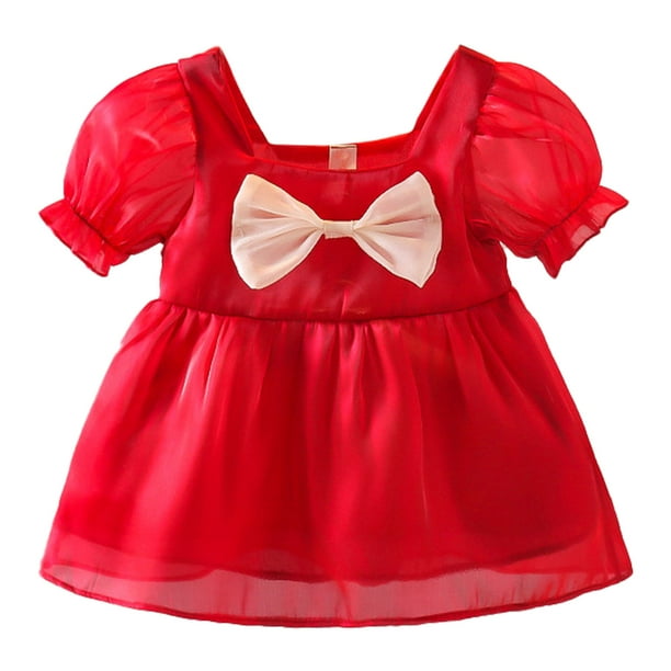 Vestido de niña de moda rojo de manga corta con lazo, vestido de princesa para cumpleaños, fiesta de bodas, 90 cm