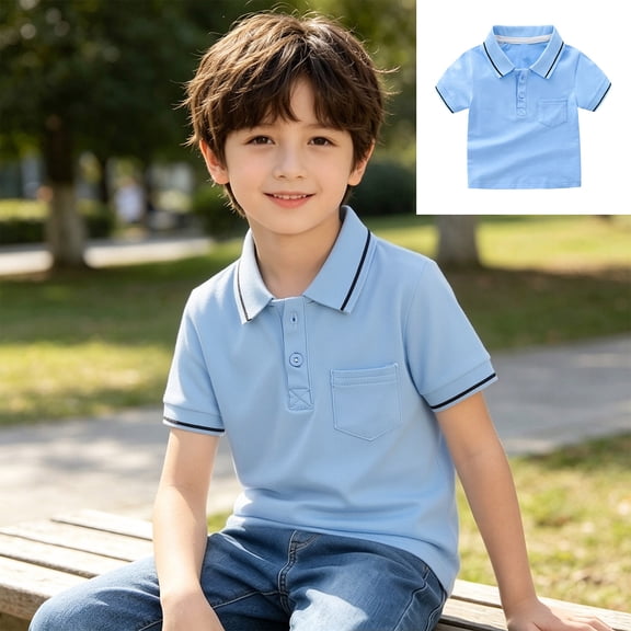 XINXIAOO Boys and Toddlers' Short-Sleeve Blue Active Performance Polo Shirts for School Uniform Kids Collared Golf Shirt 8-9 Years