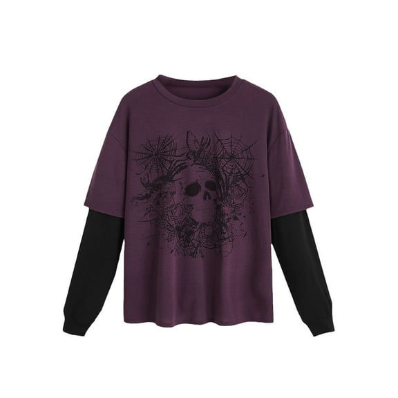 Michellecmm Women's Casual Gothic Tops Skull Print Long Sleeve Grunge T-Shirts