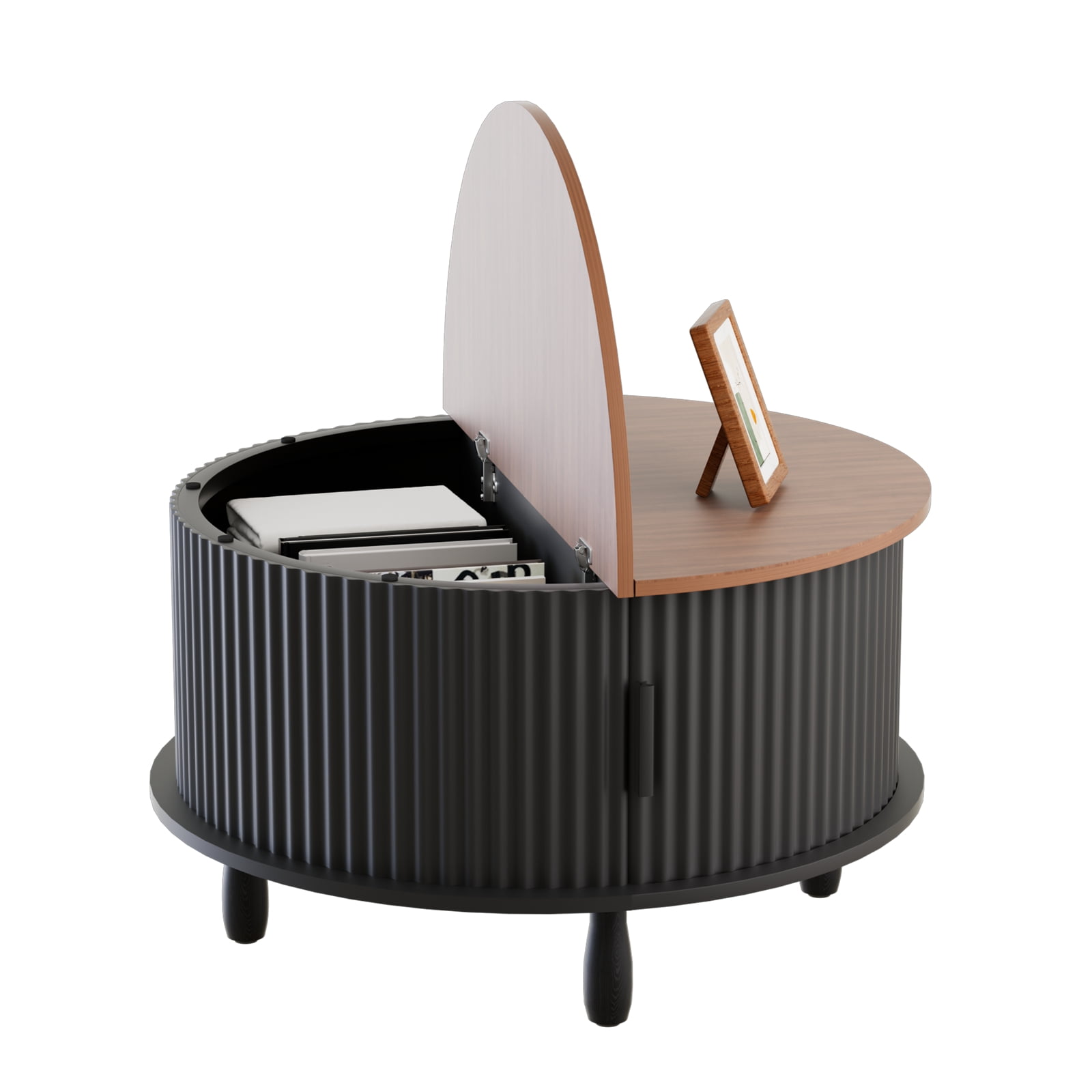 Strafriture Round Coffee Table with Storage, 30.7" Modern Coffee Table with 360° Curved Sliding Door, Fluted Wood Coffee Table with Footpads, Round Center Table for Living Room, Black