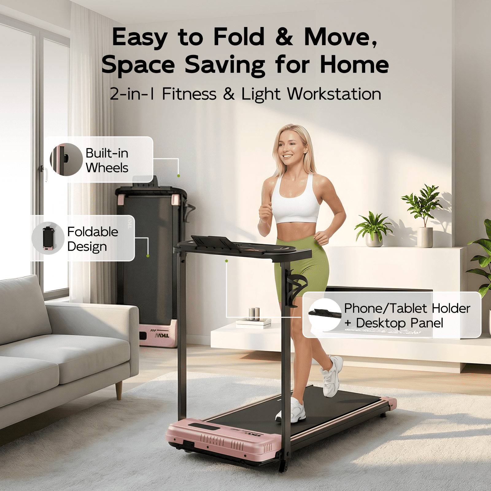 TKW Walking Pad Treadmill with Incline, 3 in 1 Under Desk Walking Pad, 200lbs Capacity Portable walk pad with Handle Bar and Desk for Home Small Space, walkingpad treadmill, Pink