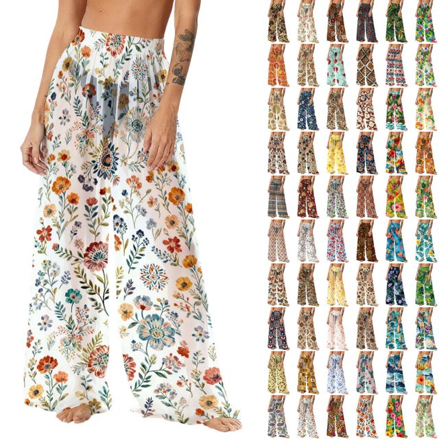 Pincandy Women See Through Sheer Mesh Pants Beach Swimsuit Bikini Bottom Cover up Party Club Elastic High Waist Wide Leg Pants