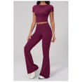 thumbnail image 4 of PISONIC 2 Piece Workout Sets for Women Short Sleeve Crop Top High Waist Flare Leggings Set Gym Yoga Outfits, 4 of 7