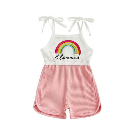 

Canrulo Newborn Baby Girl Romper Rainbow Blessed Ribbed Sleeveless Halter Jumpsuit Shorts Playsuit Summer Clothes Pink 12-18 Months