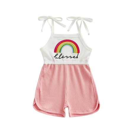 

Suanret Infants Baby Girls Summer Casual Jumpsuit Sleeveless Rainbow Print Ribbed Patchwork Romper Pink 3-6 Months