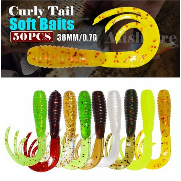 Oubit 50 Pcs Mini Worm Soft Lure 38mm 0.7g Mini Curly Tail Soft Lure Low  Artificial Bait (#1 Green) 