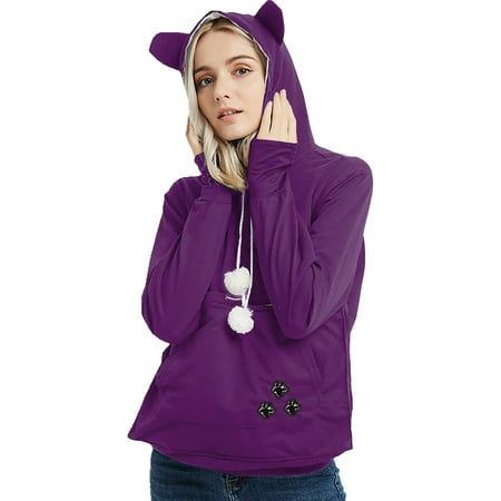 Bmisegm Women Autumn and Winter Sweater Loose Pet Hooded Pullover Cat Dog Large Pouch Pullover Sweatshirt Hoodies for Women Purple L
