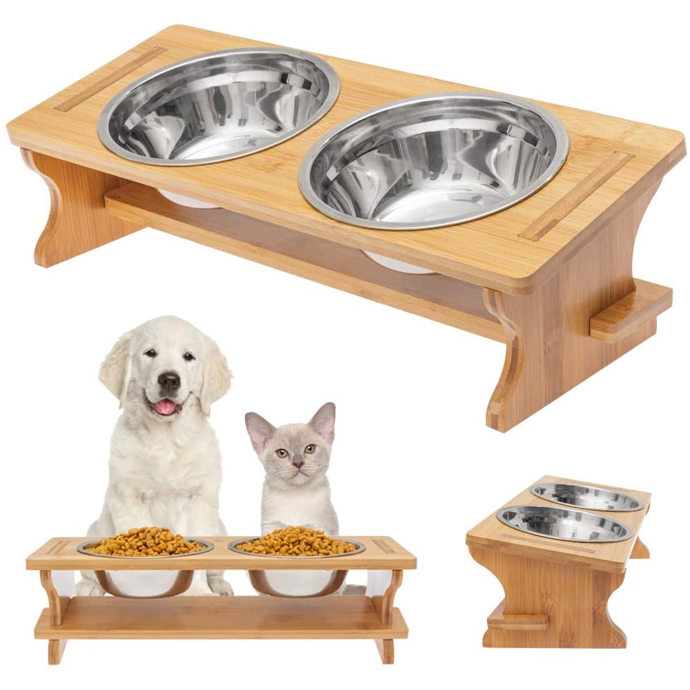 Raised Slanted Dog Bowl,Elevated 15° Tilted Pet Bowl for Small Dogs Cat,Food Water Feeder Bowls with Adjustable Bamboo Stand,French Bulldog Feeding Dishes for Flat Face Puppy and Cats Ceramic Bowl