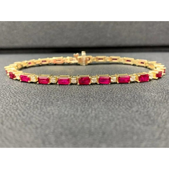 14k Gold plated Ruby Bracelet, Lab Ruby baguette& simulated Diamond Bracelet for Women, 14k Yellow Gold Ruby Tennis Bracelet, July Birthstone