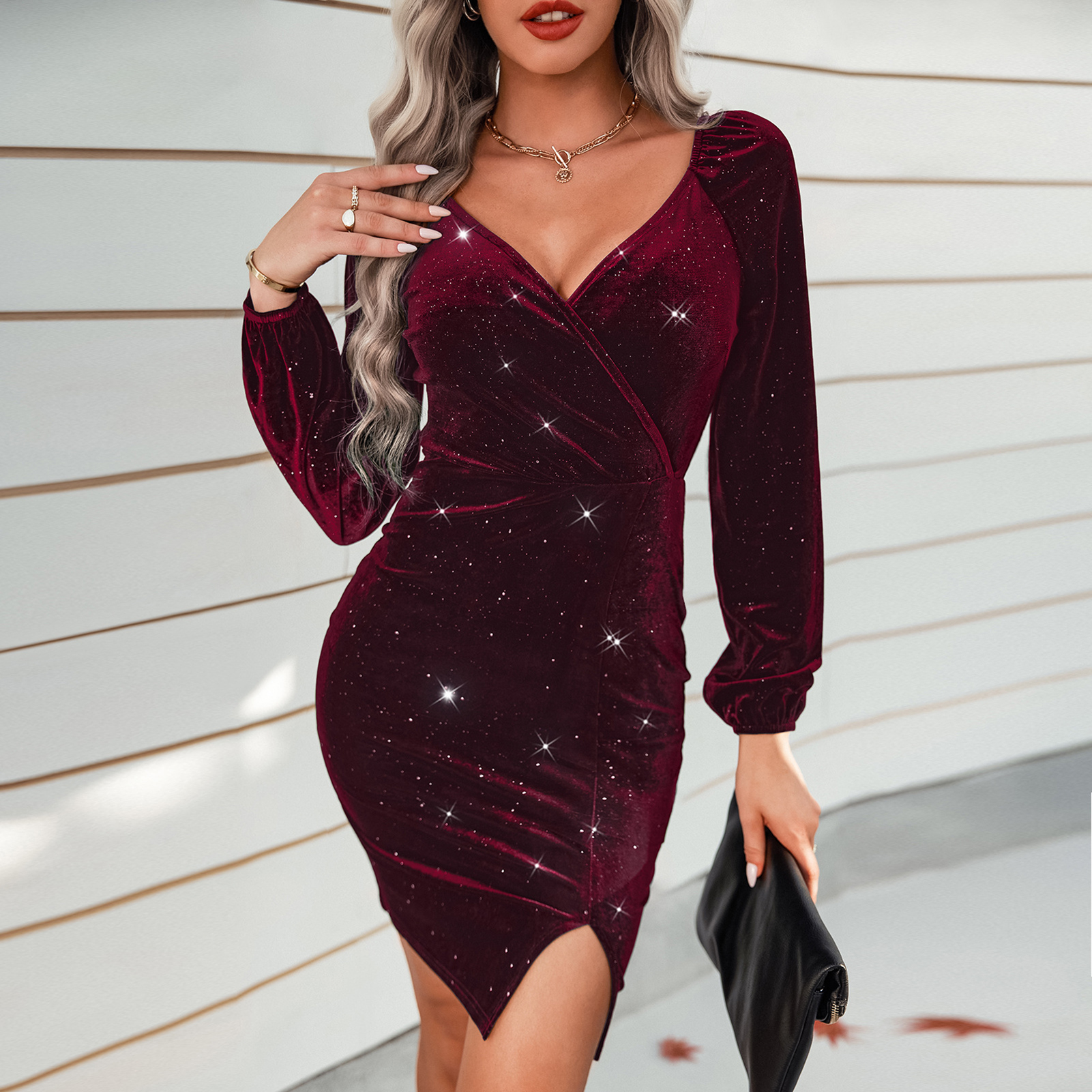 Woman V-neck Velvet Dress 4 Size Choose S/M/L/XL for Women Casual Daily -  Walmart.com