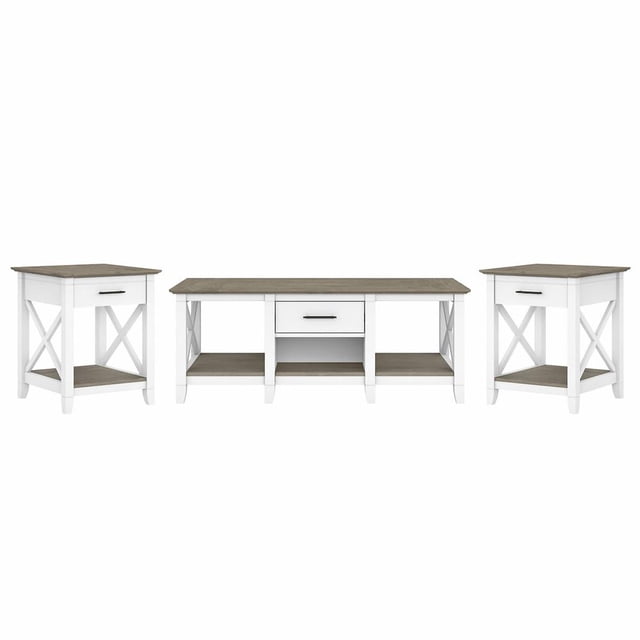 Bush Furniture Key West Coffee Table with Set of 2 End Tables, Shiplap Gray/Pure White