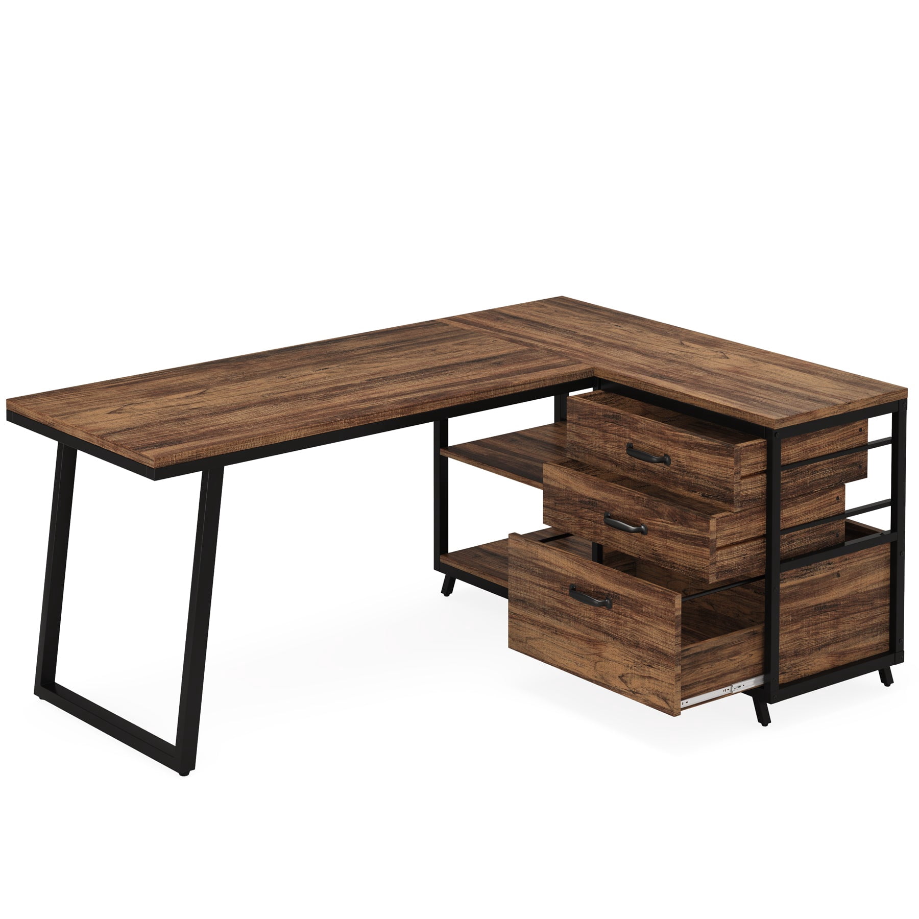 Fnova 53.15" L-shaped Computer Desk with 3 Drawers, Wood Tabletop, Metal Frame Office Desk, Brown