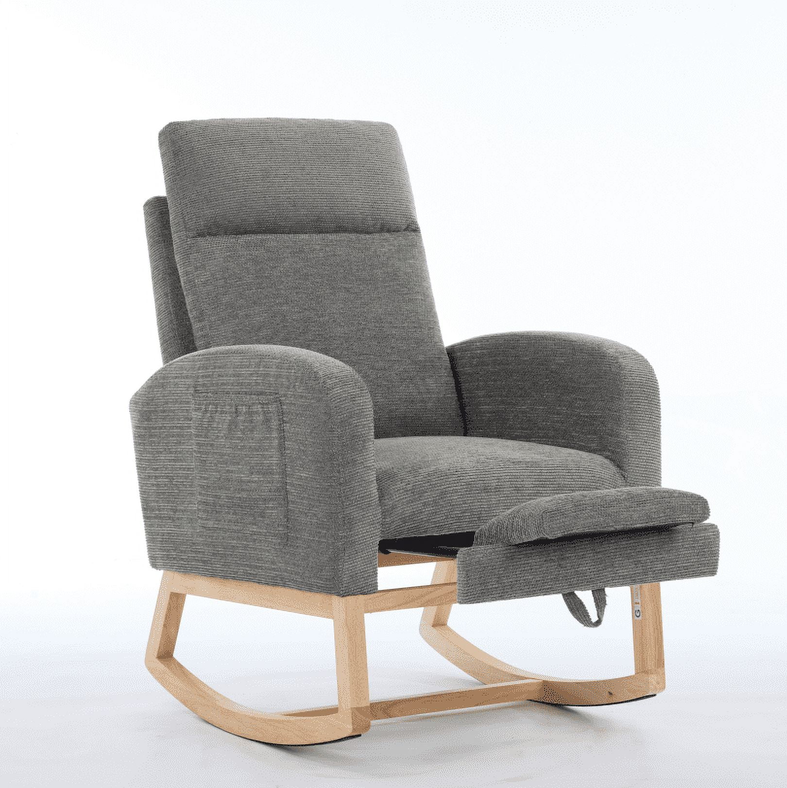 Outdoor Rocking Chairs Modern Accent Rocking Chair Rocking Chair with Solid Wood Legs, Upholstered Nursery Glider Rocker, Comfy Armchair with Side Pocket, Living Room Lounge Arm Chair with High Back