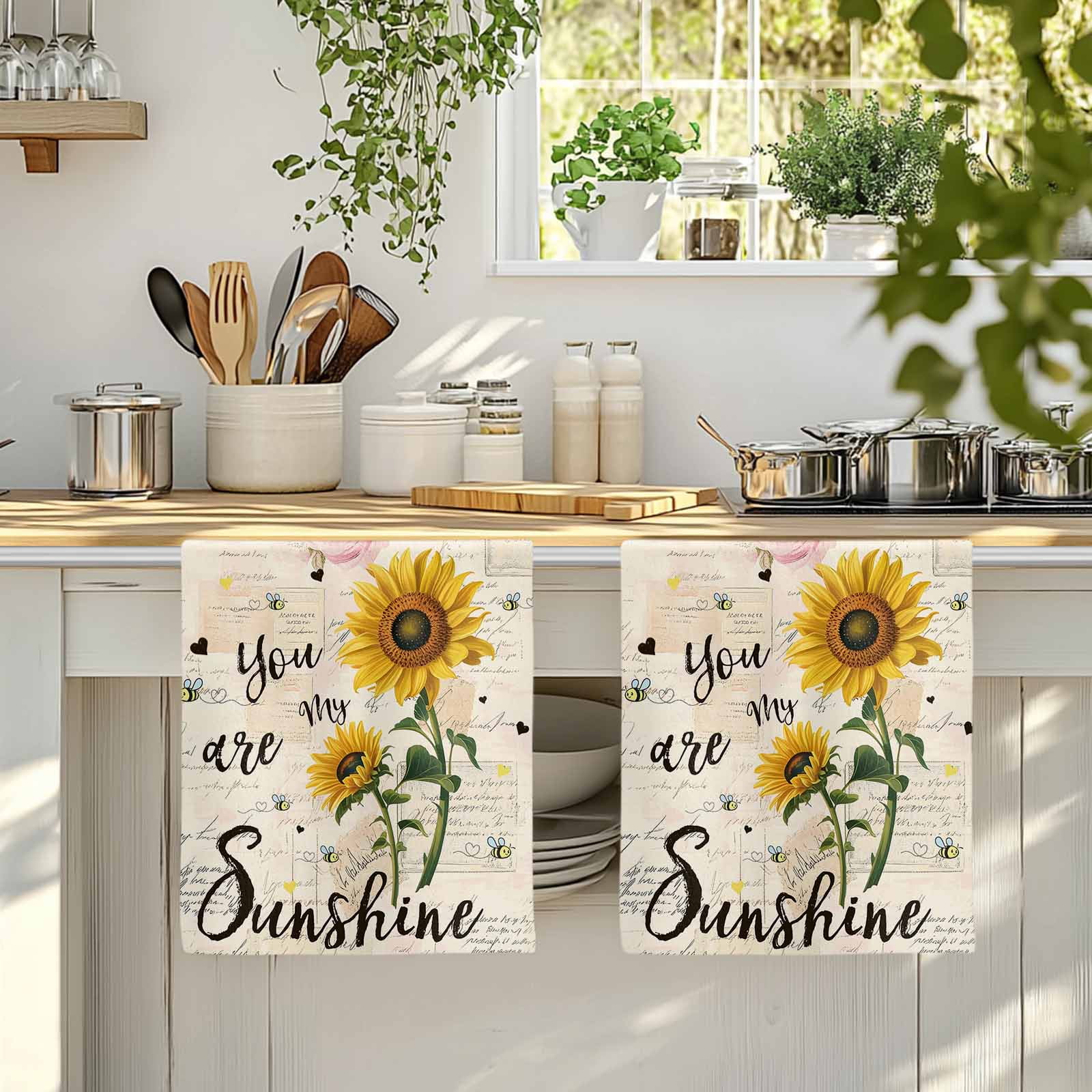 Dish Towels, Bee Sunflower Absorbent Kitchen Towels 2 PCS, Vintage You Are My Sunshine Microfiber Hand Towels Dish Cloths Tea Towels for Home&nbsp;Bathroom Cleaning Drying,18X28-Inch,