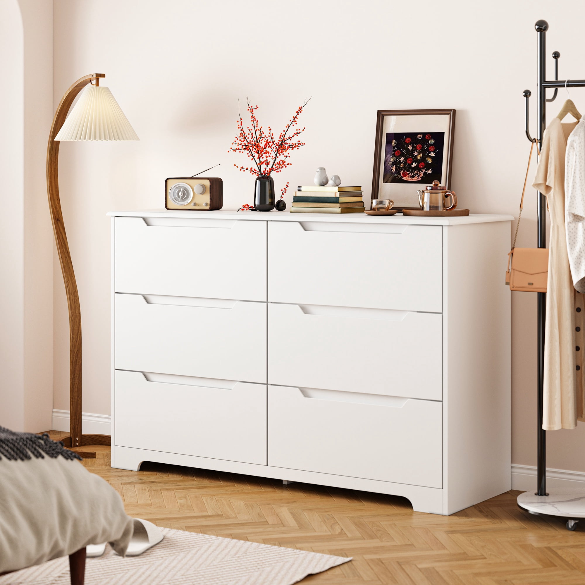 6 drawer white dresser lofka modern wood double chest Lofka White Dresser for Bedroom with 6 Drawers 47inch Wide Chests of Drawers with Metal Handles Wood TV Stand for Hallway Entryway Tabletop-Retro