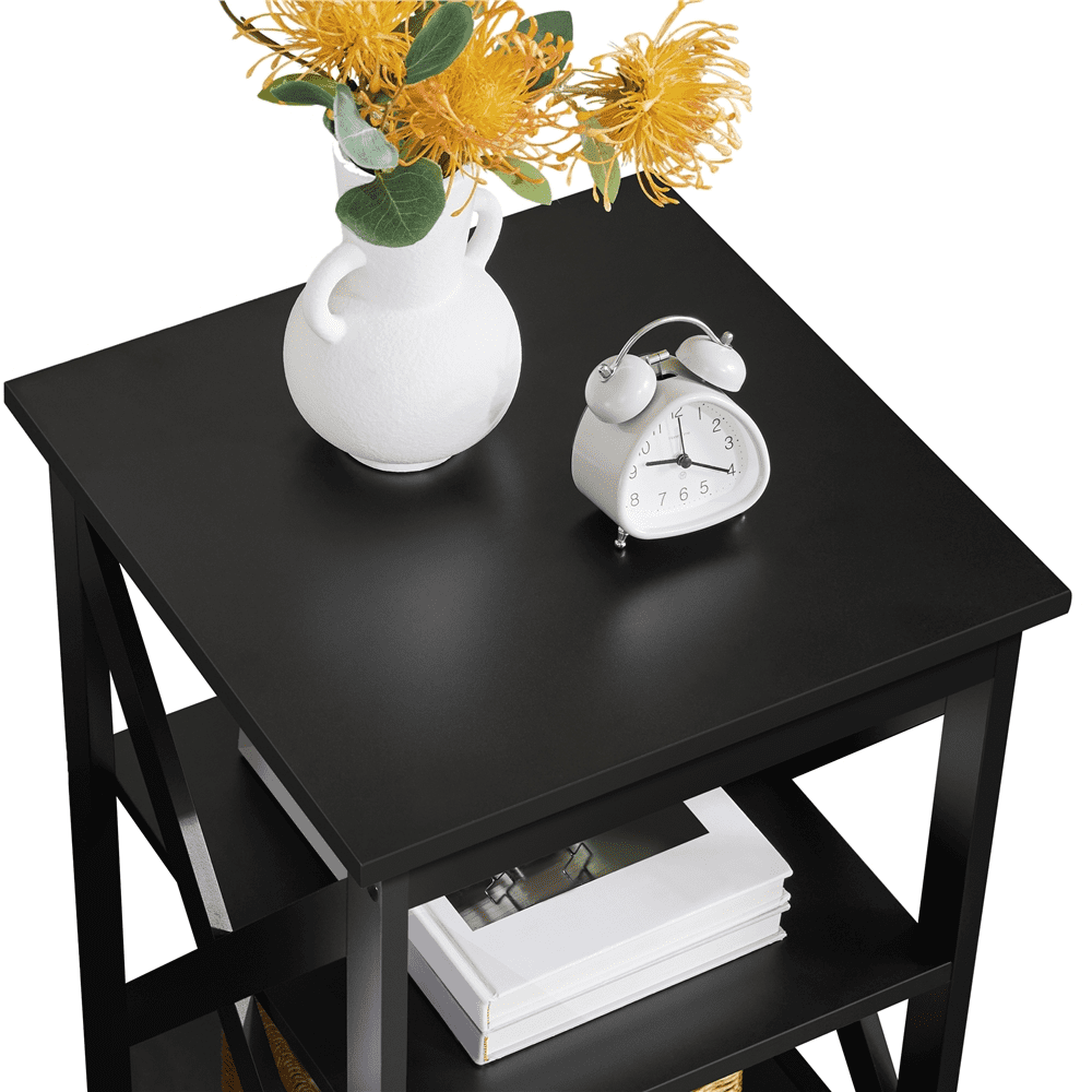 Renwick 3 Tier Wood X Shape Square End Table for Living Room, Black