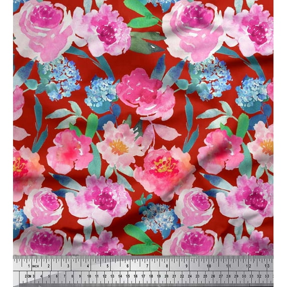 Soimoi Rayon Fabric Flower & Leaves Watercolor Print Fabric by the Yard 56 Inch Wide