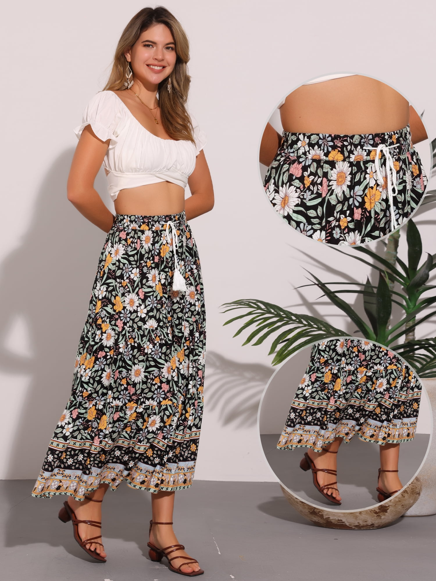 DARING DIVA Women's Bohemian Tassels Elastic Waist Floral Maxi Skirt L Black